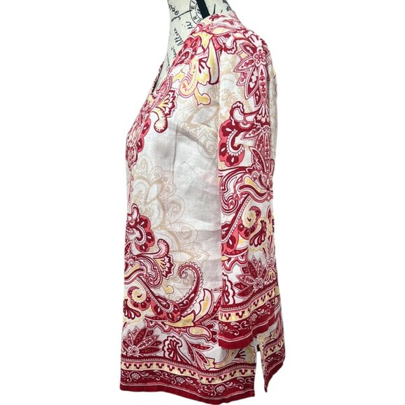 JM Collection Paisley Print Linen Tunic β Red/Tan Boho Blouse β Size M β EUC - Picture 2 of 14